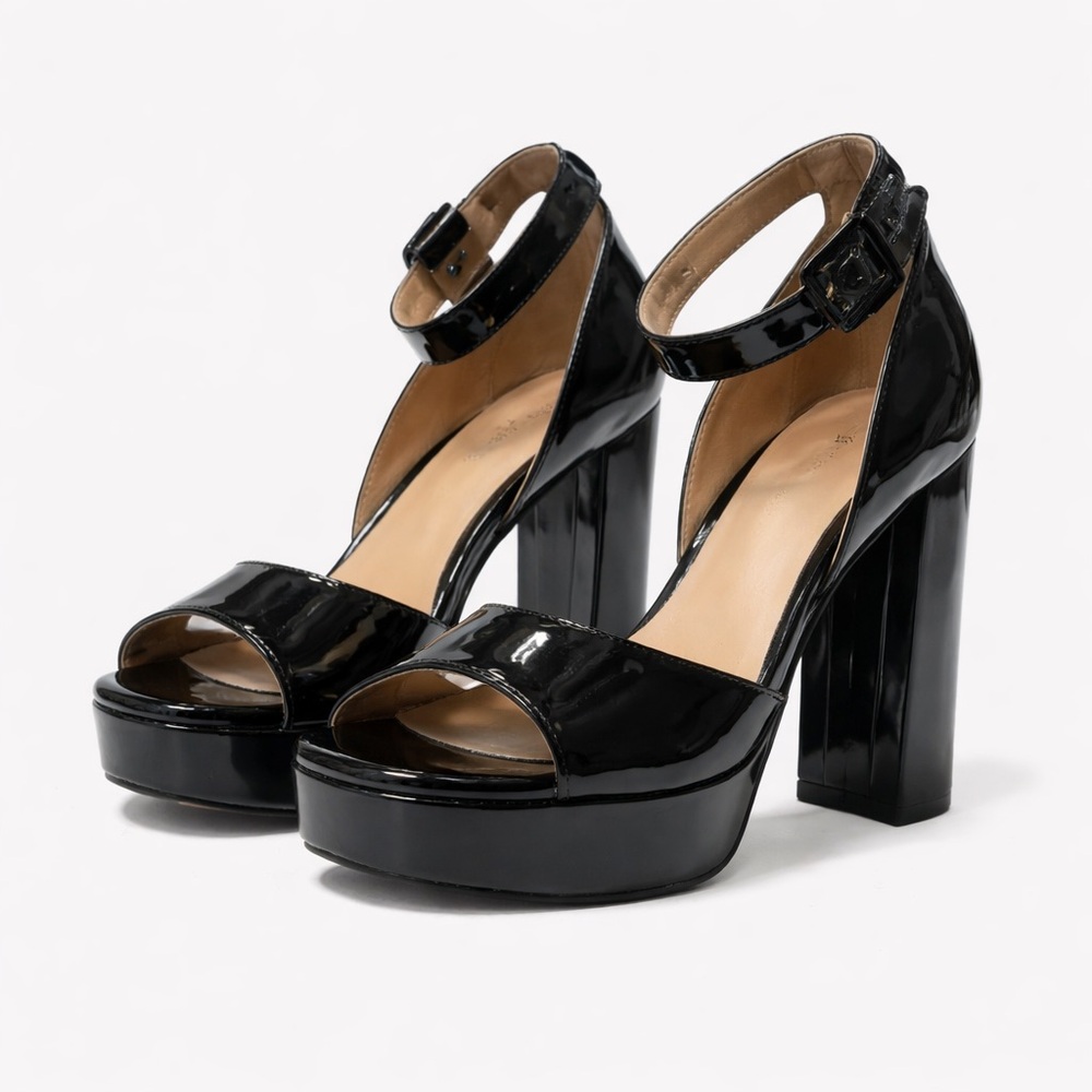 Sun + Stone Black Patent Platform Block Heel Sandals Size 9.5 Ankle Strap